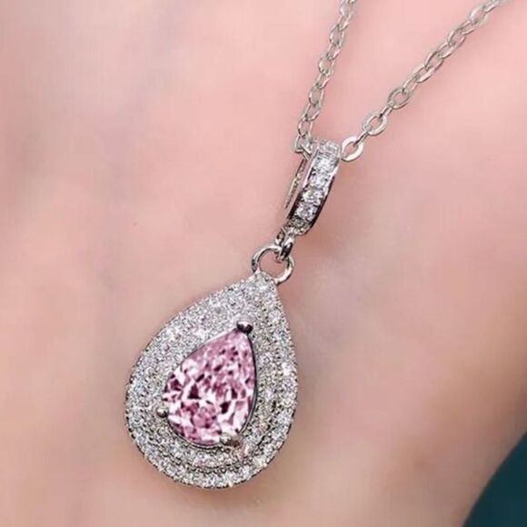The Pretty in Pink Teardrop Pendant necklace in 925 silver and cubic zirconia - Picture 1 of 8